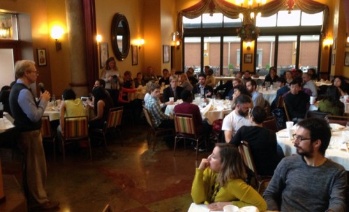 Chicago Chapter president Ron Harvey welcoming Fulbright students, scholars and alumni to Pompei Restaurant.
