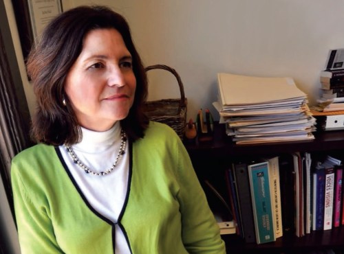 Dr. RoseAnna Mueller in her office at Columbia College Chicago.